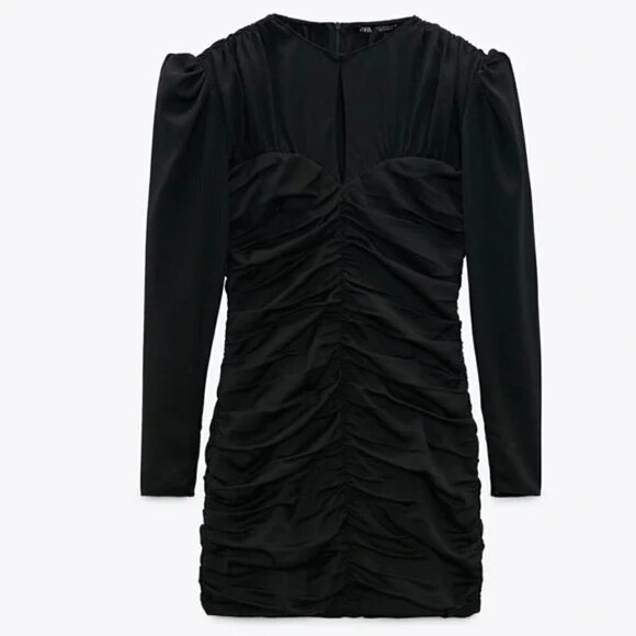 ZARA BLACK VOLUMINIOUS SLEEVE DRAPED DRESS - Picture 1 of 4